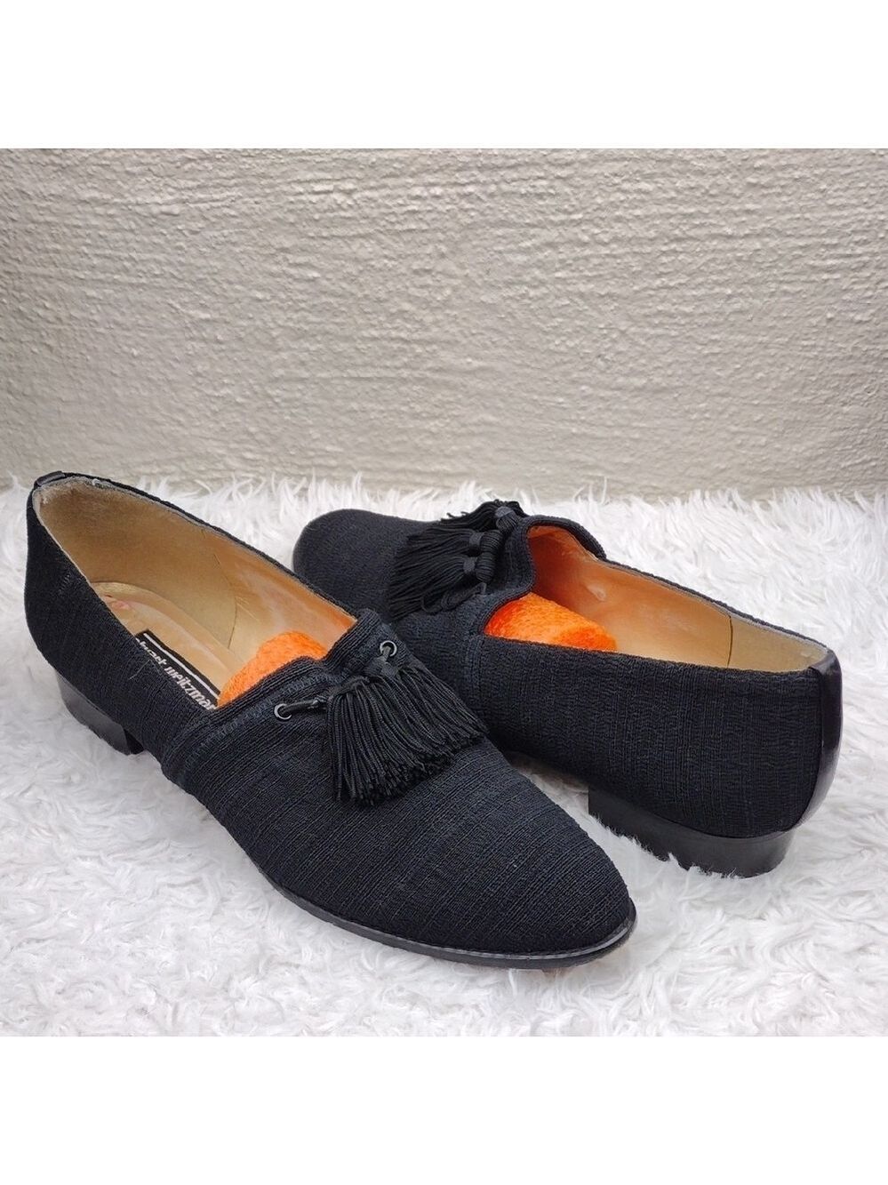 Stuart Weitzman Black Fabric Upper Almond Toe Low Heel Tassel Loafer Shoe